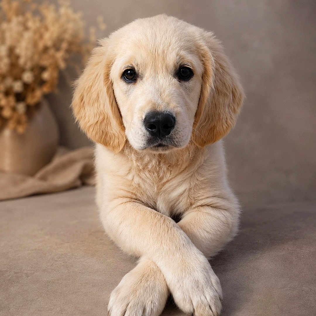 Baylei a rejoint le concours — aidez-le/la à gagner de superbes lots ! adorable, animal, calm, canine, close_up, cute, dog, fluffy, fur, golden_retriever, indoor, lying_down, mammal, neutral_background, paws_crossed, pet, portrait, puppy, soft_lighting, young