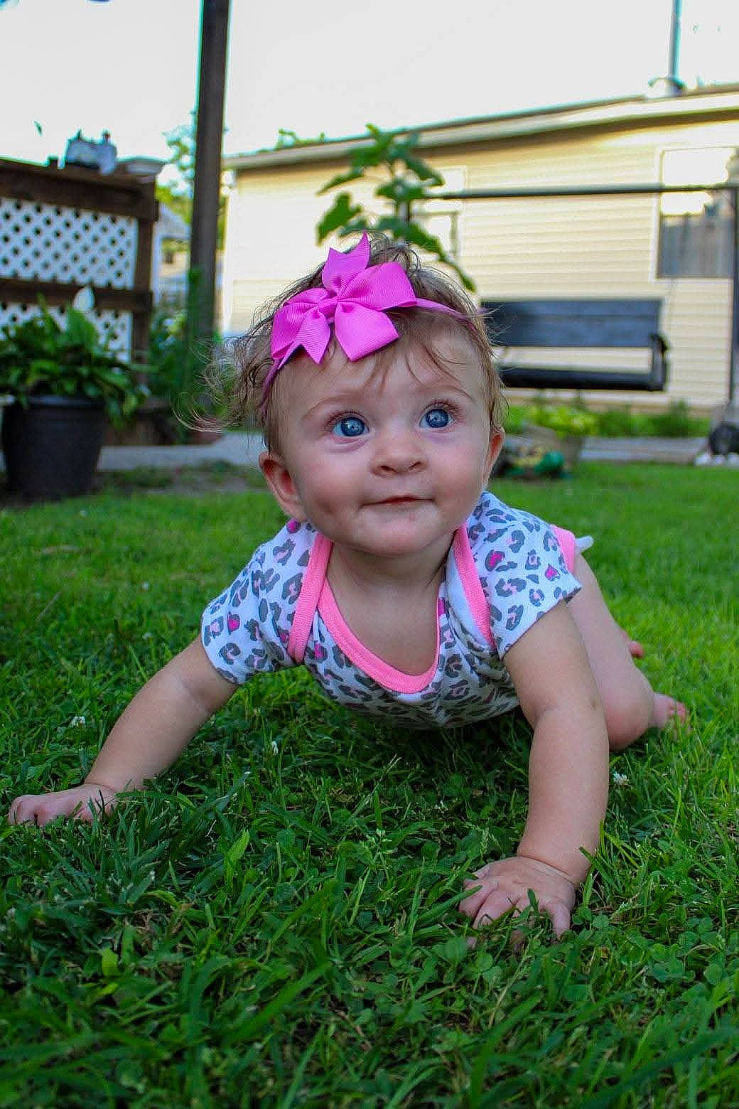 Brynlee is registered to the contest to win money with this photo: baby, blue_eyes, casual_clothing, child, crawling, cute, grass, greenery, happy, headband, infant, nature, one_person, outdoor, person, pink_bow, smiling, summer, toddler, yard