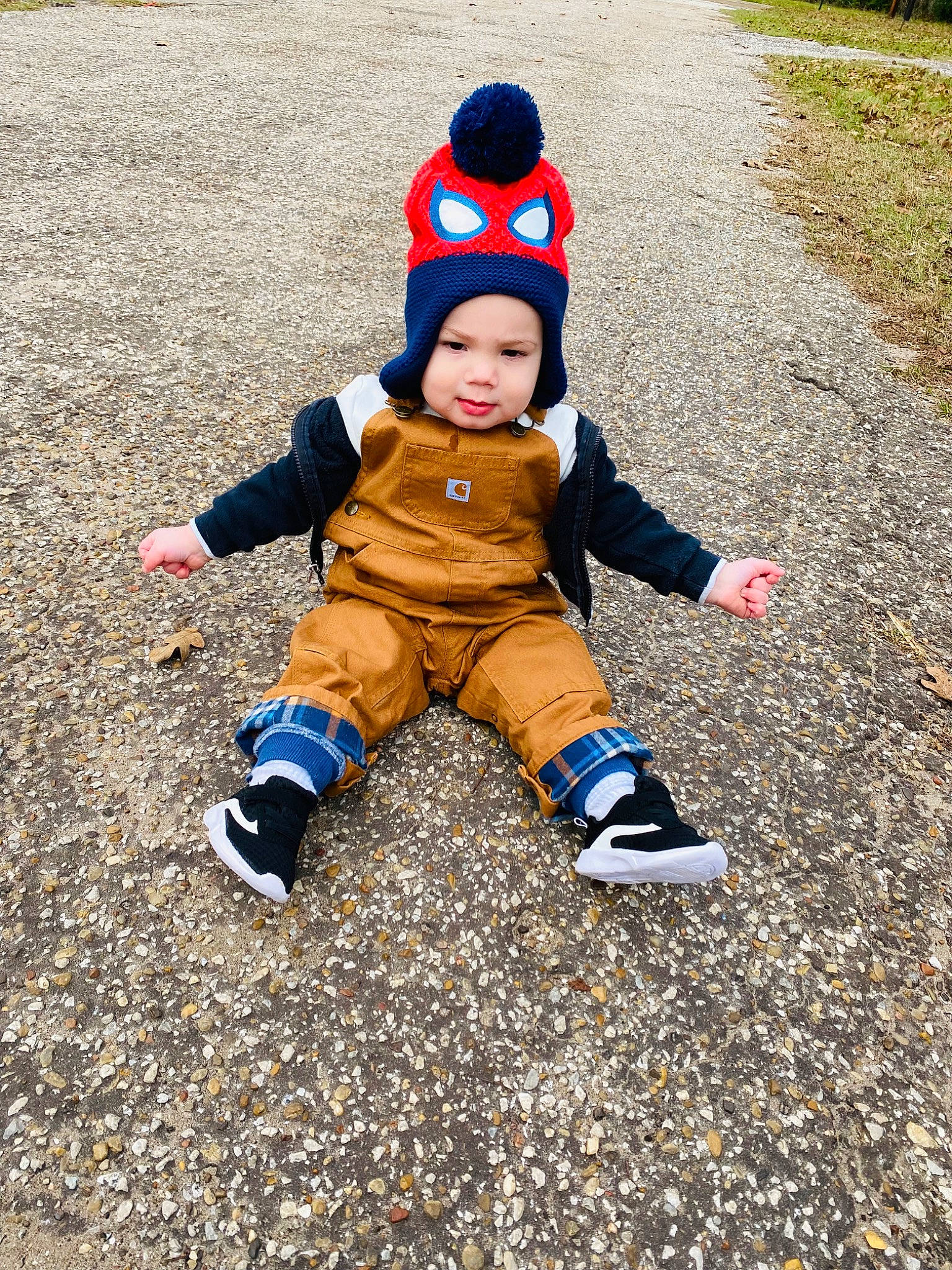 Kohen joined the competition — help win amazing prizes! asphalt, baby, baby_toddler_clothing, cap, child, electric_blue, fun, gesture, glove, grass, happy, hat, headgear, headwear, people_in_nature, person, personal_protective_equipment, plant, recreation, soil