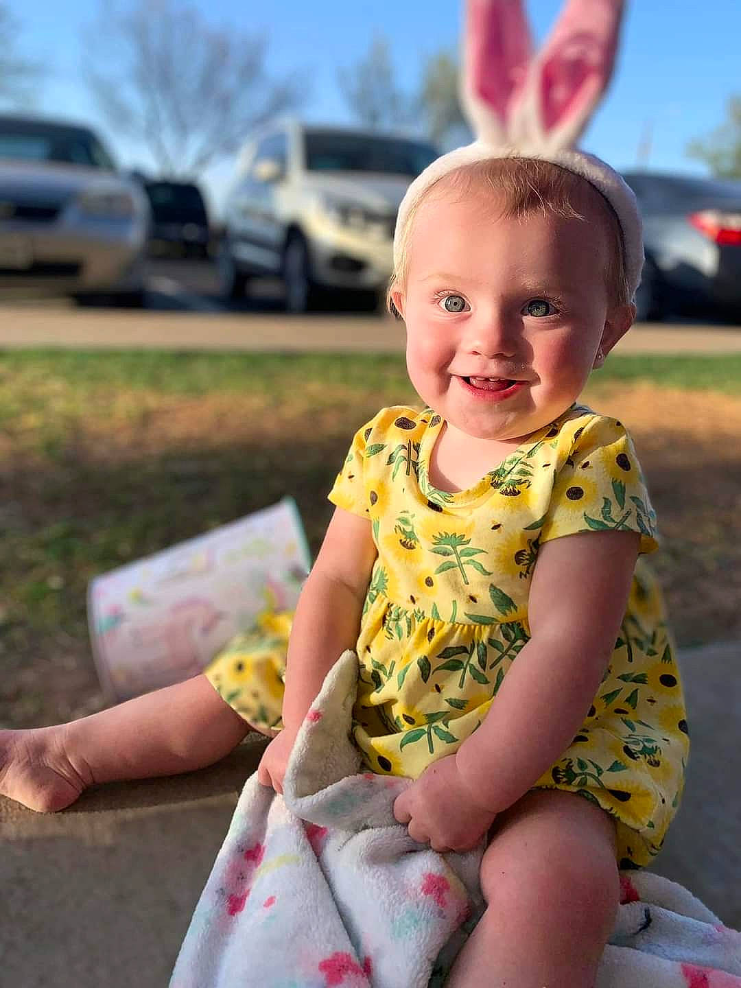 Annalynn joined the competition — help win amazing prizes! baby, baby_toddler_clothing, car, eye, facial_expression, fun, grass, happy, joy, leisure, morning, person, pink, plant, skin, sky, smile, summer, sunlight, thigh