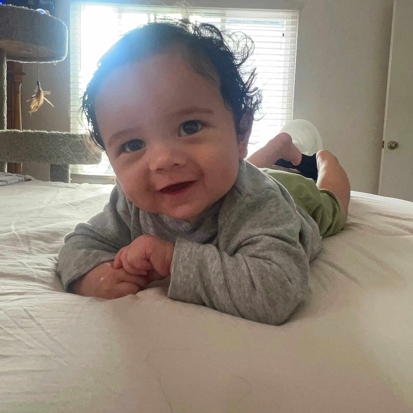 Mason joined the competition — help win amazing prizes! baby, bed, blinds, cat_tree, child, clothing, curly_hair, face, feathers, green_pants, happy, indoor, long_sleeve, natural_light, person, portrait, smiling, toddler, white_bed_sheet, window