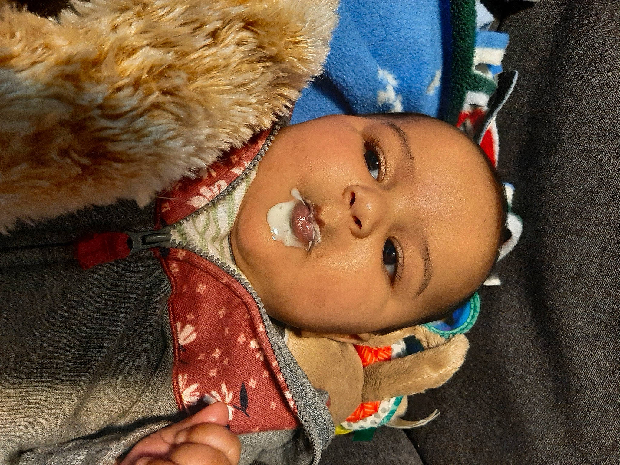 Kahlani joined the competition — help win amazing prizes! baby, cap, child, eye, eyelash, fur_clothing, happy, head, headgear, headwear, human_body, jacket, lip, mouth, nose, person, skin, stuffed_toy, toddler, toy