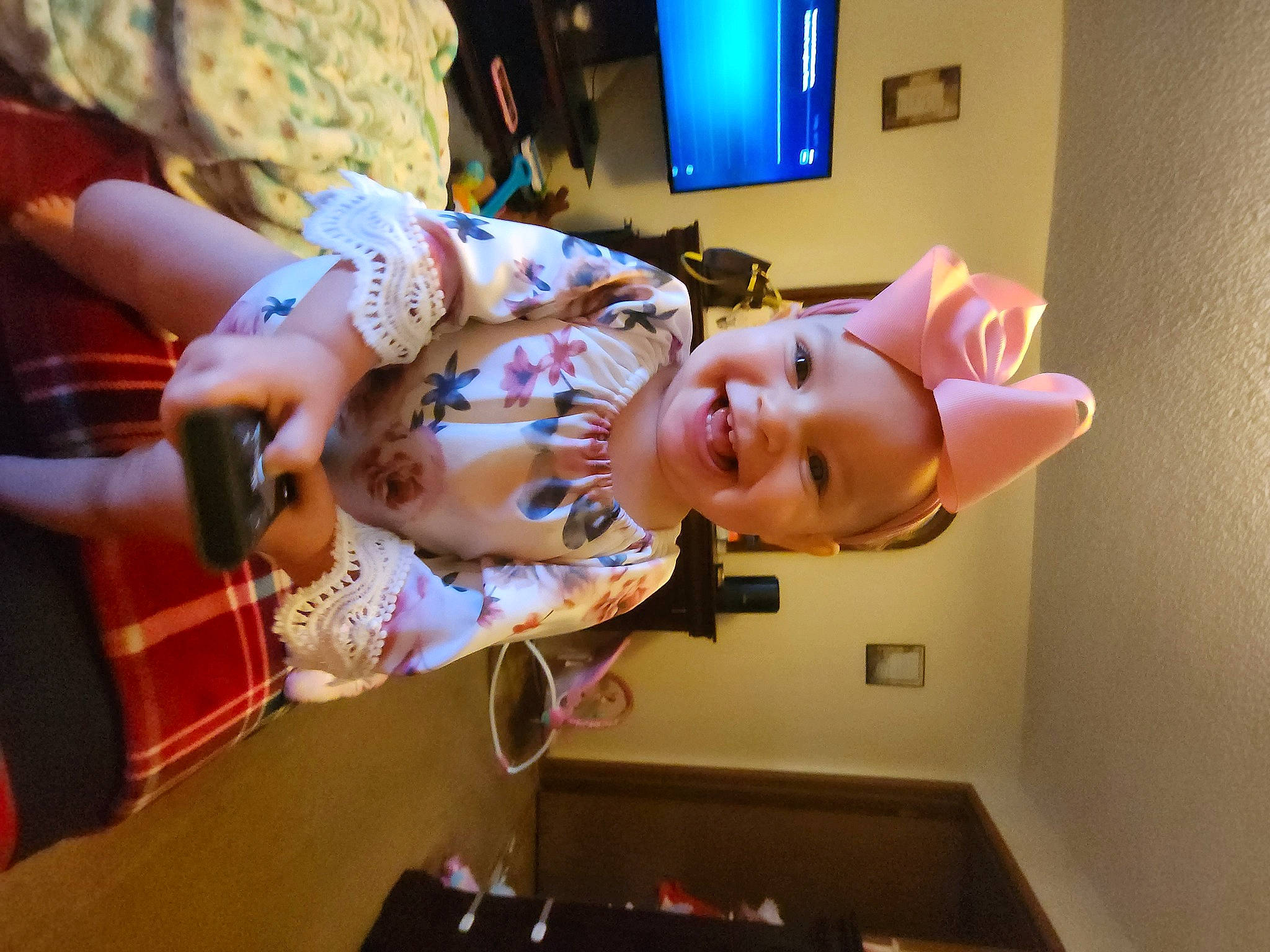 Neveah joined the competition — help win amazing prizes! baby, child, costume, event, fun, happy, hat, joy, magenta, party, person, pink, room, smile, toddler, tree