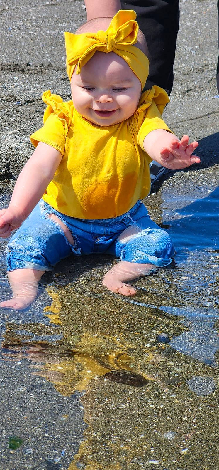 Neveah joined the competition — help win amazing prizes! baby, baby_toddler_clothing, blue, child, fun, grass, happy, headwear, leisure, light, people_in_nature, person, photograph, recreation, sand, smile, snapshot, soil, summer, toddler