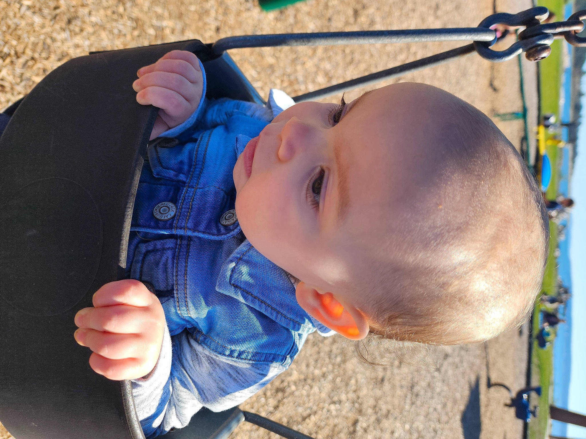 Neveah joined the competition — help win amazing prizes! baby, baby_toddler_clothing, child, chin, electric_blue, facial_expression, fun, gesture, grass, happy, head, leisure, nose, outdoor_play_equipment, person, skin, sleeve, swing, toddler, tree