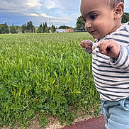 Ali participe au concours pour gagner de l'argent avec cette photo : child, clouds, cute, daytime, determined, field, grass, greenery, nature, outdoor, pants, path, person, shoes, side_view, sky, striped_shirt, toddler, walking, young_child