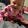 Paisley joined the competition — help win amazing prizes! baby, bed, blanket, child, curtains, cute, foot, hand, happy, indoor, infant, person, pink_clothing, playful, portrait, sleepwear, smiling, soft_fabric, toddler, young