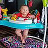 baby, baby_jumper, child, colorful, cushion, feet, floor, happy, home, indoor, infant, legs, patterned, person, plastic_toys, playful, red_clothing, smiling, toys, wooden_floor