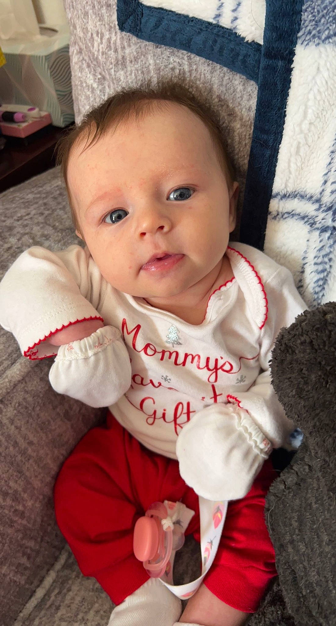 Aislynn joined the competition — help win amazing prizes! baby, baby_products, baby_toddler_clothing, cheek, child, comfort, eye, face, gesture, happy, head, human_body, lip, pattern, person, pink, skin, sleeve, smile, textile