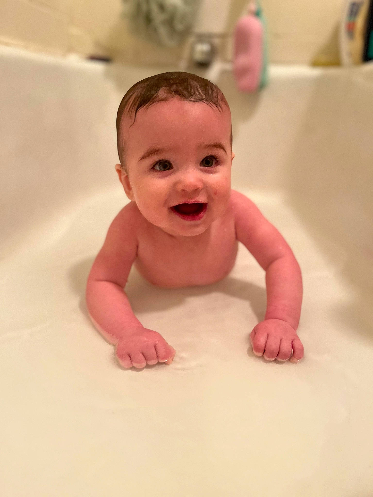 Greyson is registered to the contest to win money with this photo: baby, baby_bathing, baby_products, bathing, bathroom, bathtub, chest, child, flooring, fluid, fun, happy, person, plumbing, plumbing_fixture, product, skin, smile, thumb, toddler