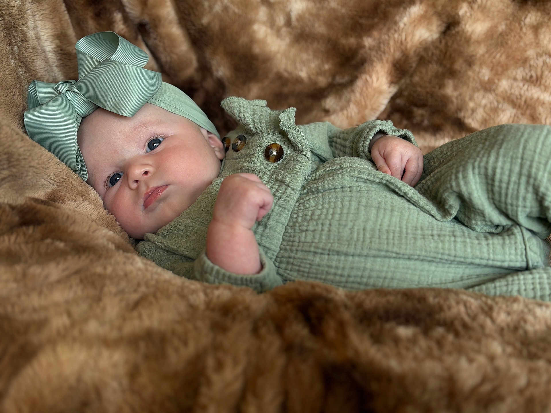 Catalina is registered to the contest to win money with this photo: baby, infant, child, headband, bow, green_clothing, button, blanket, fur_texture, soft_texture, lying_down, portrait, face, hand, cute, cozy, indoor, newborn, skin, expression
