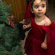Emy a rejoint le concours — aidez-le/la à gagner de superbes lots ! child, toddler, red_dress, christmas_tree, holiday, indoor, curious, person, young_child, festive, celebration, decorations, portrait, face, dressed_up, holiday_season, tree, greenery, cute, event
