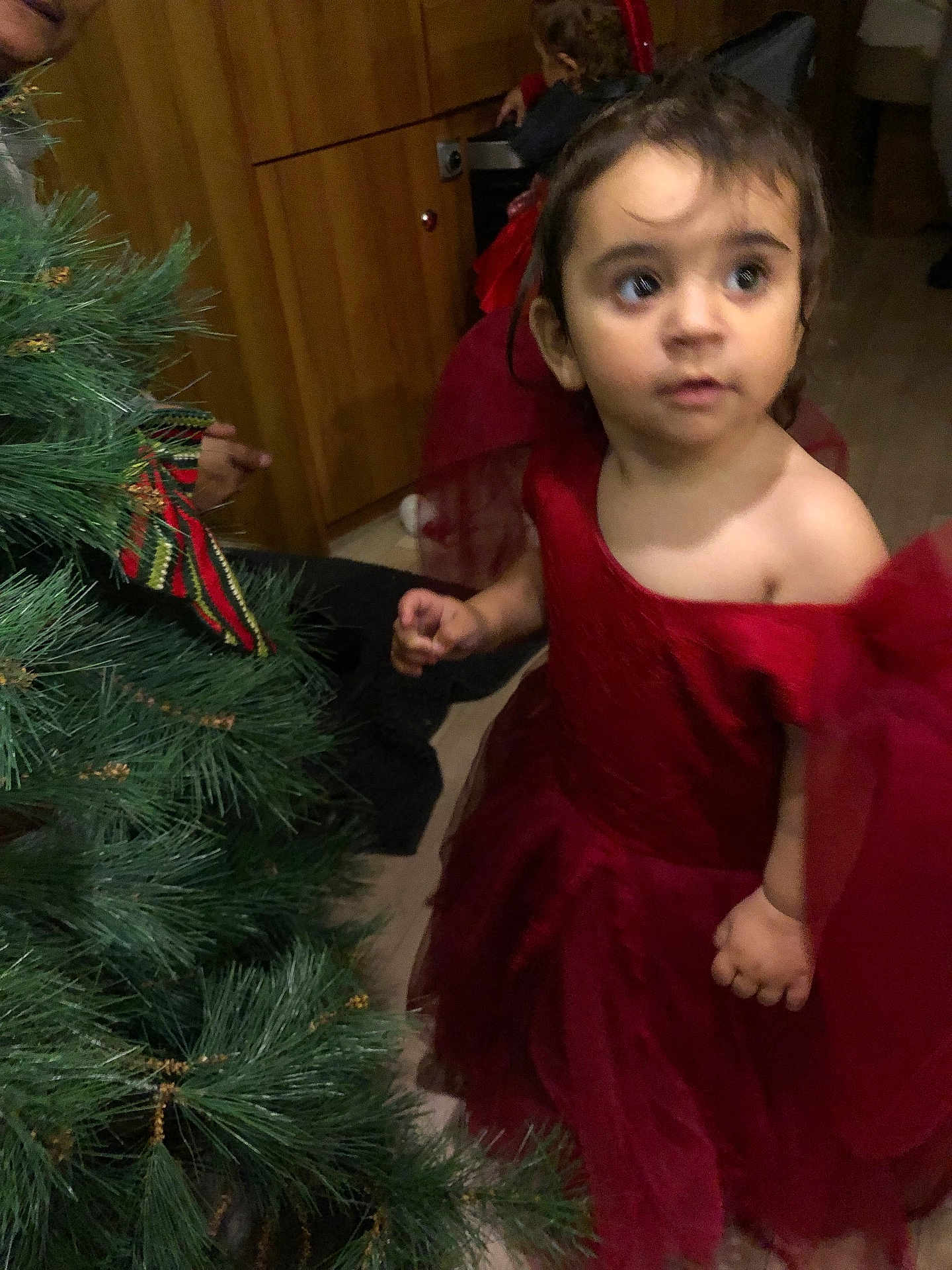 Emy a rejoint le concours — aidez-le/la à gagner de superbes lots ! child, toddler, red_dress, christmas_tree, holiday, indoor, curious, person, young_child, festive, celebration, decorations, portrait, face, dressed_up, holiday_season, tree, greenery, cute, event