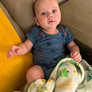Kolten joined the competition — help win amazing prizes! baby, infant, child, onesie, blanket, couch, yellow_cushion, space_theme, stars, planets, face, blue_eyes, arm, hand, legs, comfortable, indoors, soft_texture, curious_expression, seated