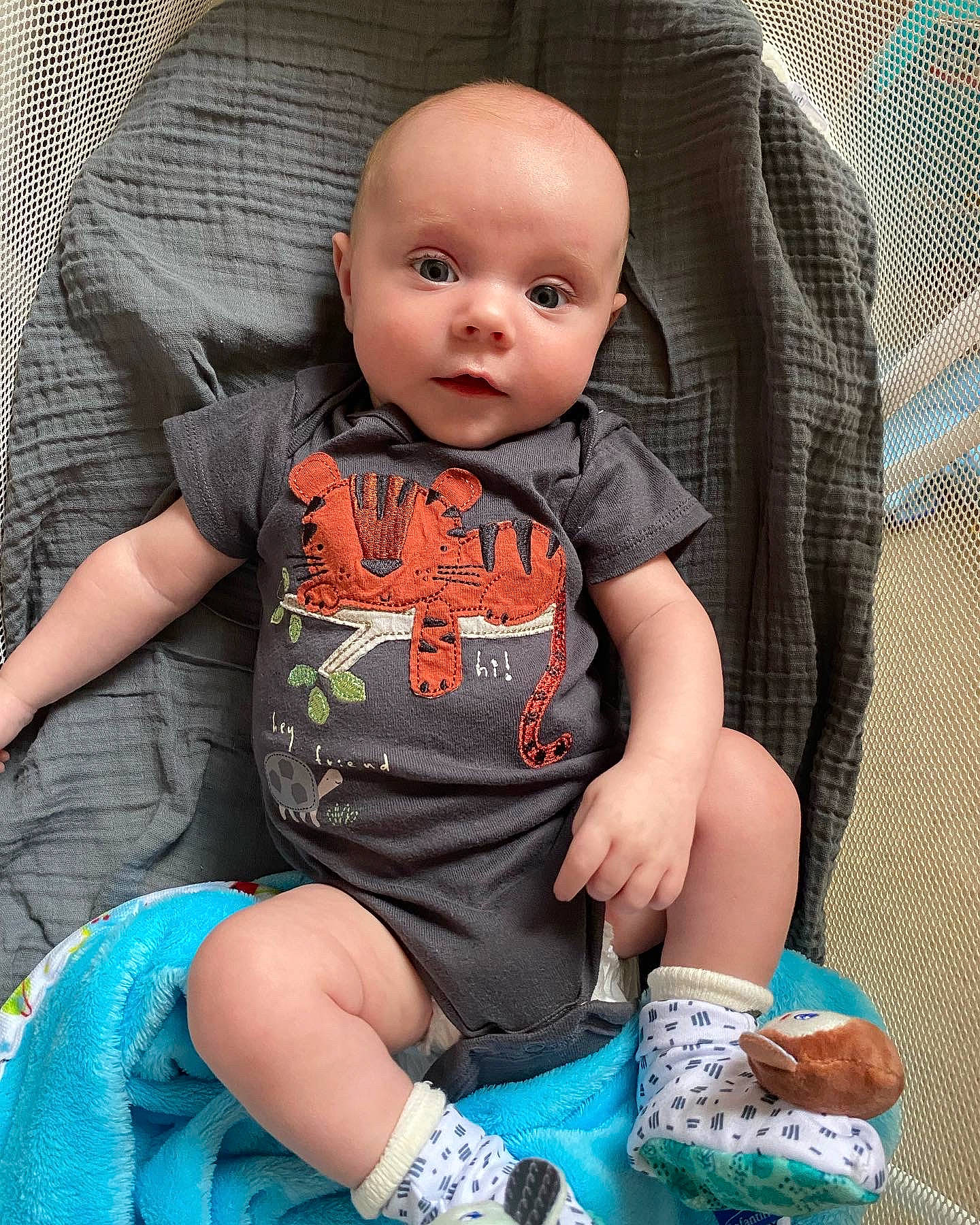 Jameson joined the competition — help win amazing prizes! baby, baby_products, baby_toddler_clothing, blue, cheek, child, comfort, electric_blue, green, happy, pattern, person, pink, product, sitting, skin, sleeve, sock, t_shirt, thigh