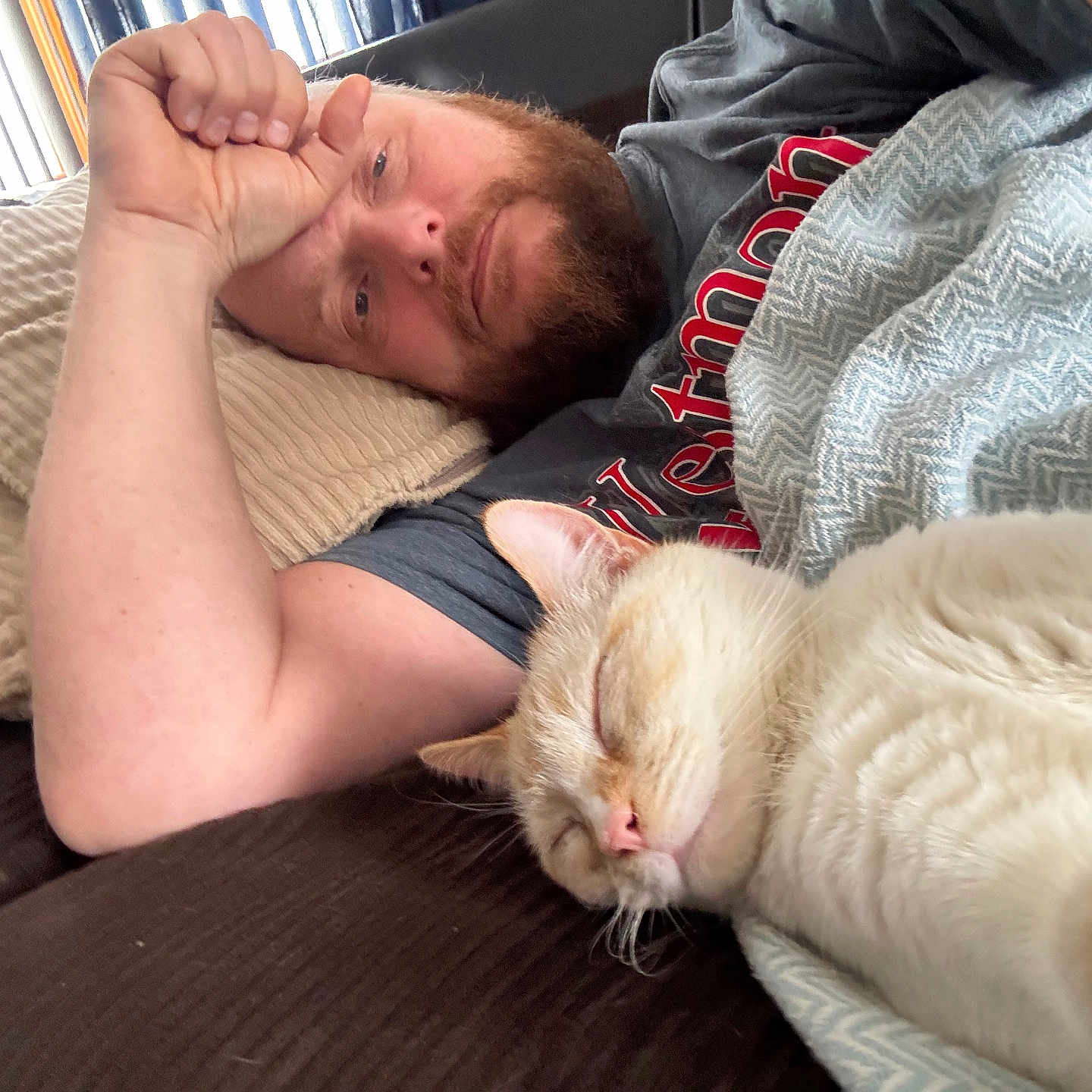 Klinger joined the competition — help win amazing prizes! adult, animal, baby, blanket, cat, couch, cushion, face, furniture, head, homedecor, indoors, kitten, male, man, person, pet, photography, portrait, sleeping