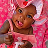 Jream is registered to the contest to win money with this photo: baby, child, infant, pink, swimsuit, strawberry, hat, smile, happy, cute, pacifier, sitting, blanket, floral, indoors, portrait, joyful, playful, skin, face