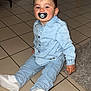baby, casual, child, curious, cute, denim_outfit, expression, face, floor, footwear, furniture, hair, home, indoor, pacifier, rug, seated, tile, toddler, white_shoes