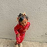 Aviora joined the competition — help win amazing prizes! child, toddler, portrait, traditional_clothing, red_dress, floral_pattern, hair_ornament, hair_accessories, braids, smiling, standing, slippers, shoes, indoor, wall, floor, full_body, looking_down, cultural_attire, fashion