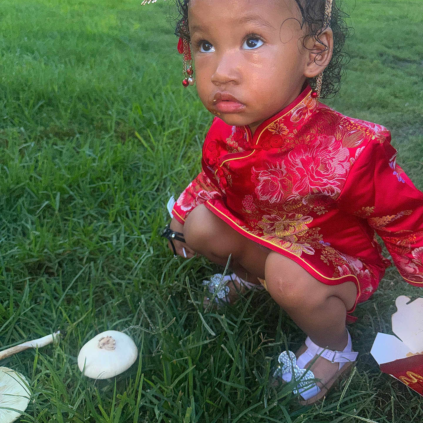 Aviora joined the competition — help win amazing prizes! child, toddler, girl, portrait, outdoor, park, grass, red_dress, traditional_clothing, flower_crown, hair_accessories, curly_hair, sitting, crouching, looking_up, facial_expression, sandals, mushroom, party_decorations, nature