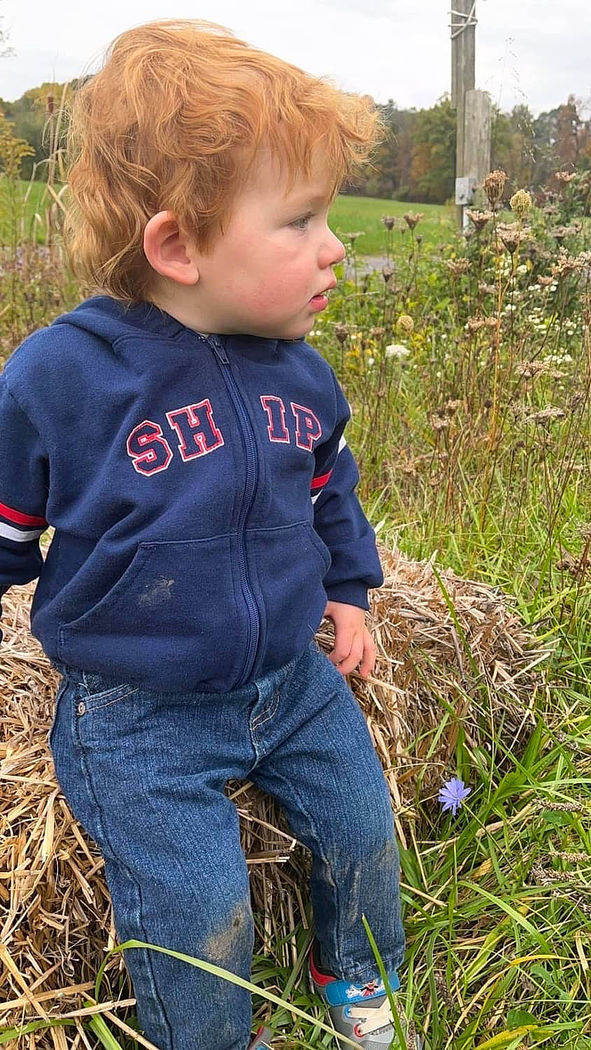 Mason joined the competition — help win amazing prizes! boy, brownhair, child, clothing, coat, face, grass, hair, head, herbal, herbs, jacket, jeans, male, pants, person, photography, plant, portrait, vegetation