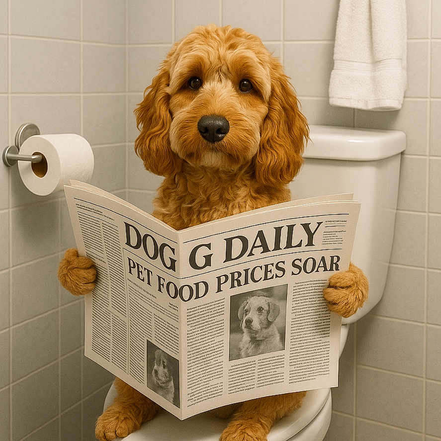 Teddy is registered to the contest to win money with this photo: animal, bathroom, bathroom_accessory, brown_fur, canine, comedy, cute, dog, domestic_animal, funny, fur, news, newspaper, pet, reading, sitting, tile_wall, toilet, toilet_paper, towel