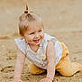 Chloé participe au concours pour gagner de l'argent avec cette photo : toddler, child, smiling, crawling, sand, outdoor, blonde_hair, pony_tail, white_shirt, yellow_pants, cute, happy, baby, playful, nature, young_child, portrait, hands, knees, sunlight