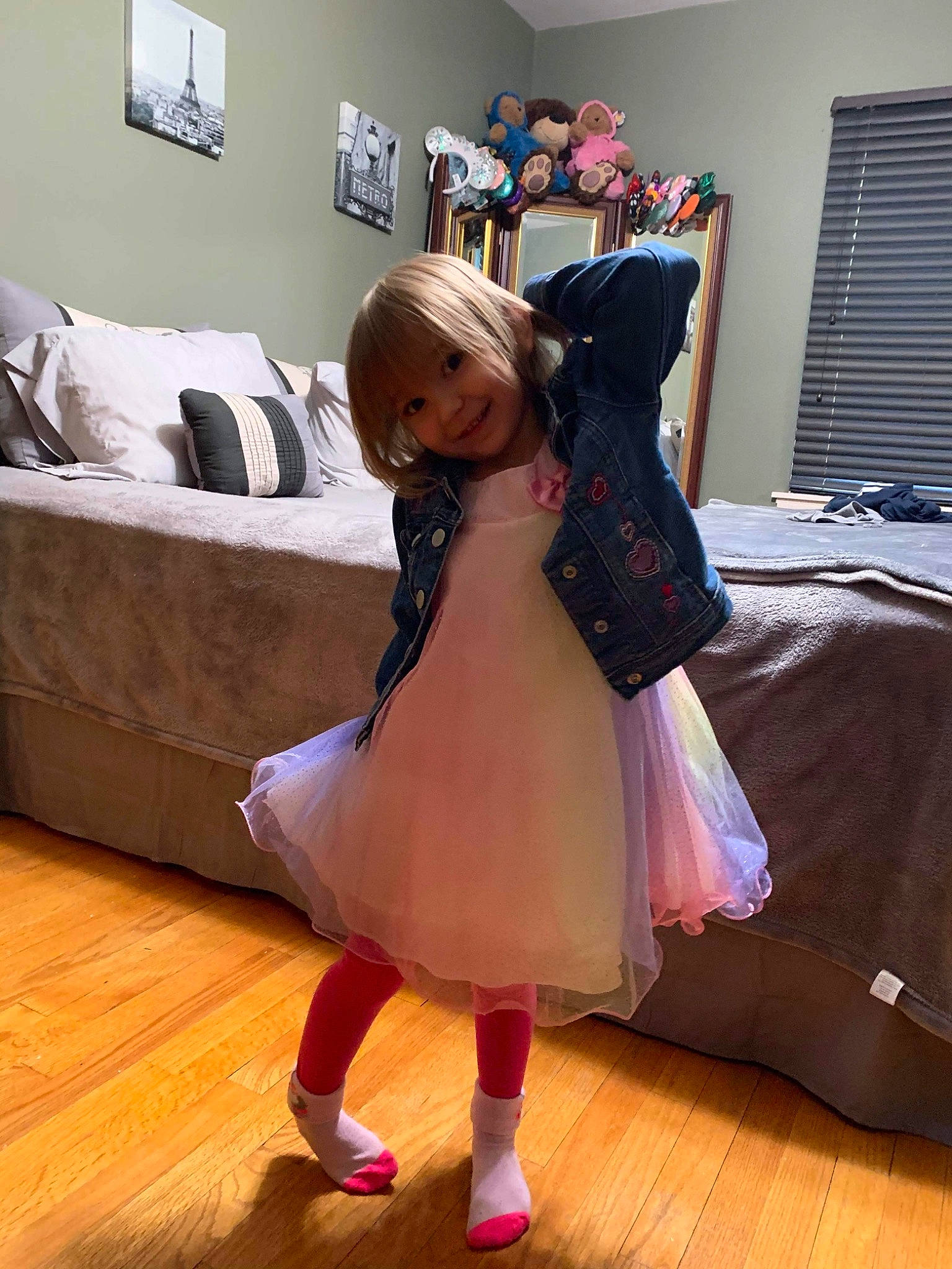 Timberlynn is registered to the contest to win money with this photo: comfort, couch, dress, event, fashion_design, floor, flooring, formal_wear, gown, happy, hardwood, human_leg, joy, laminate_flooring, linens, person, shoe, textile, toddler, toy