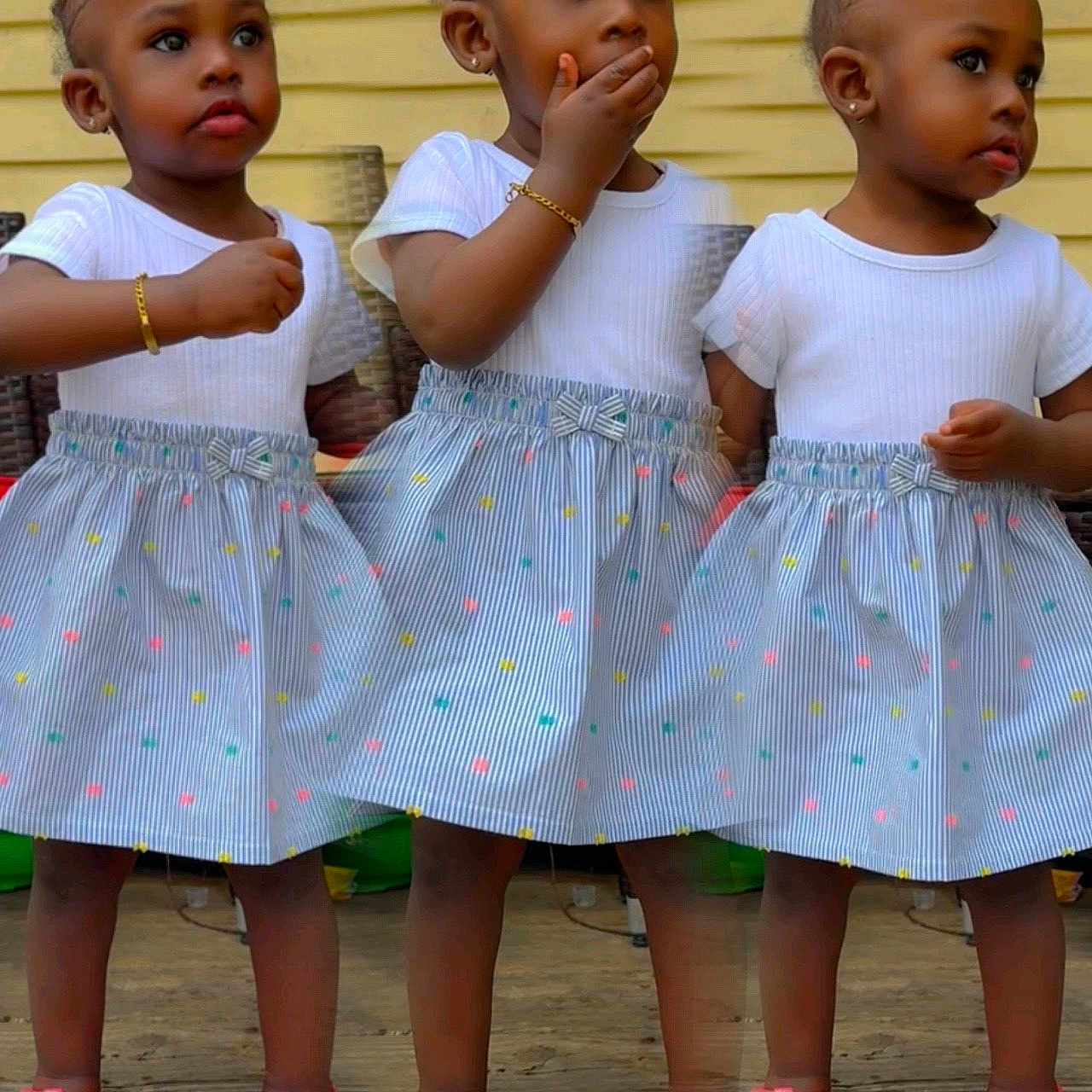 Jaior Milani is registered to the contest to win money with this photo: toddler, child, girl, multiple_poses, collage, white_top, striped_skirt, pink_sandals, pink_hair_ties, braided_hair, standing, wooden_floor, yellow_wall, bracelet, earrings, outdoor, portrait, cute, fashion, expression
