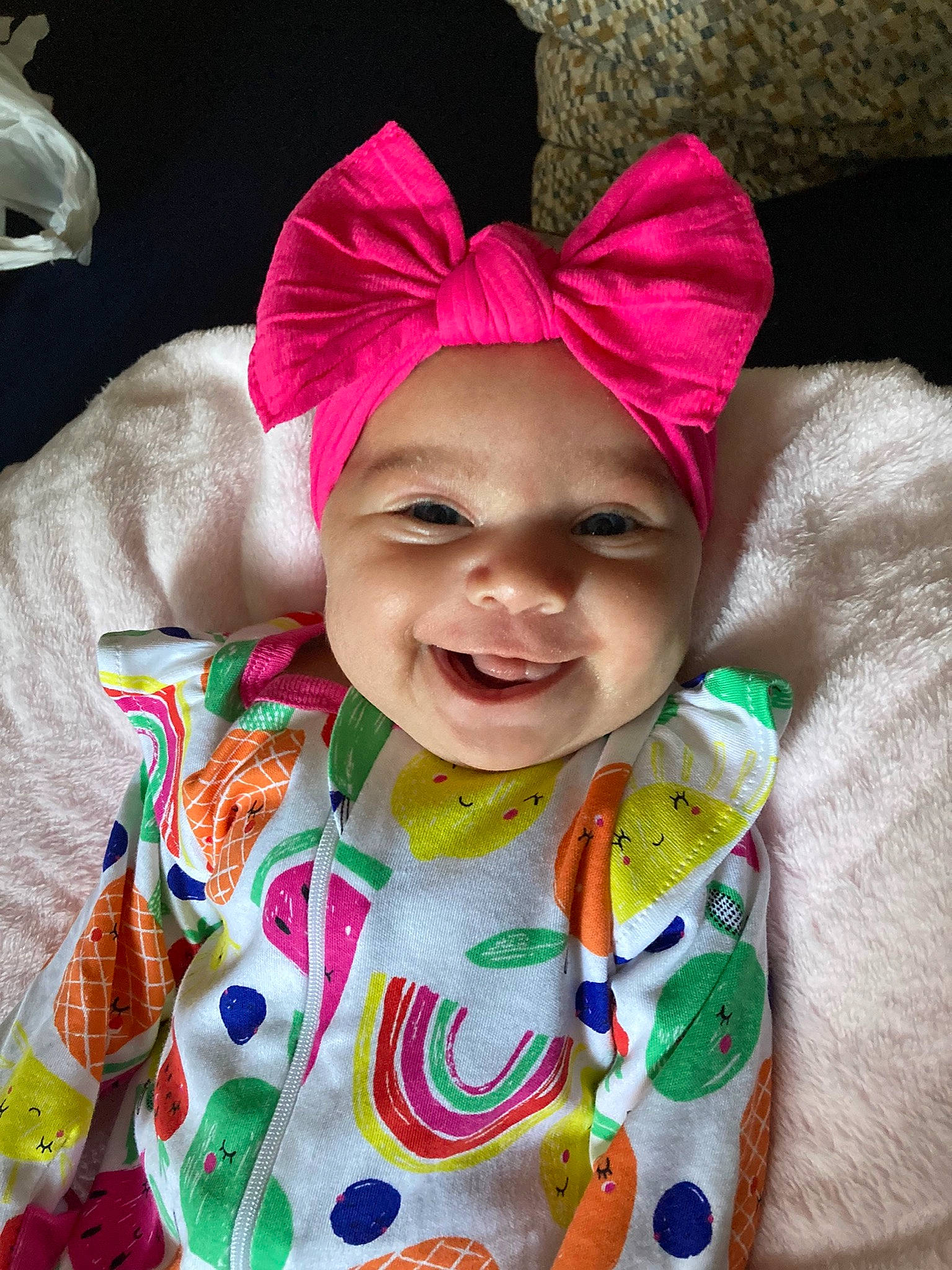 Kenleigh is registered to the contest to win money with this photo: baby, baby_toddler_clothing, chin, costume_hat, dress, eye, face, happy, head, headwear, human_body, jacket, joy, lip, mouth, person, pink, skin, sleeve, smile