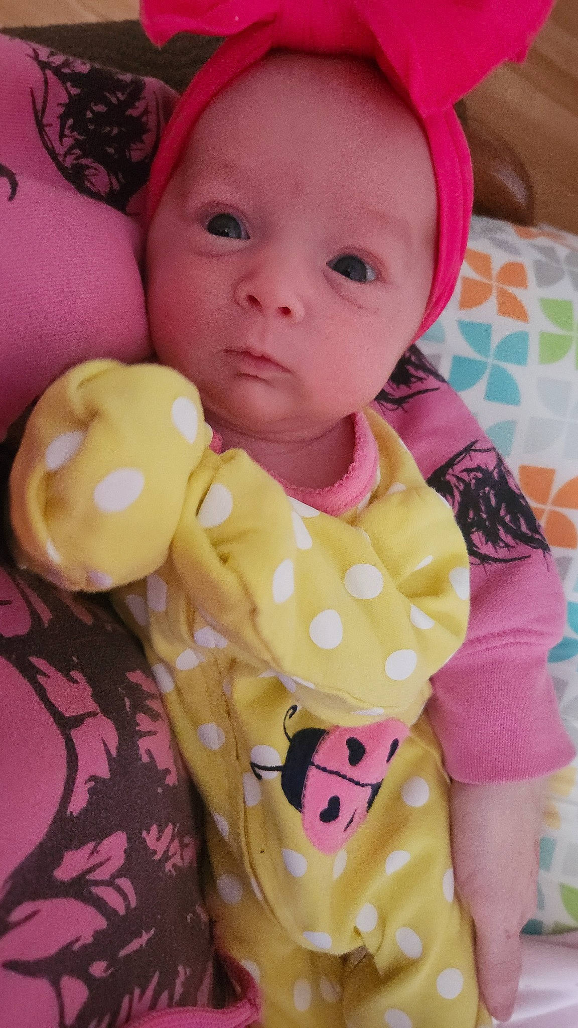 Freya is registered to the contest to win money with this photo: baby, baby_products, baby_safety, baby_toddler_clothing, cap, cheek, child, collar, eyelash, happy, head, pattern, peach, person, pink, skin, sleeve, stuffed_toy, textile, toddler