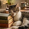 Joe a rejoint le concours — aidez-le/la à gagner de superbes lots ! books, carpet, cat, cozy, fur, furniture, home, indoor, lamp, mug, pet, plant, relaxation, resting, sleeping, soft_light, stack, tabby, table, window