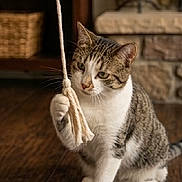 Joe participe au concours pour gagner de l'argent avec cette photo : animal, basket, bookshelf, cat, cozy, curious, domestic_cat, feline, home, indoor, pet, playful, rope, sitting, stone_fireplace, tabby, tassel, white_paws, wooden_floor, young_cat