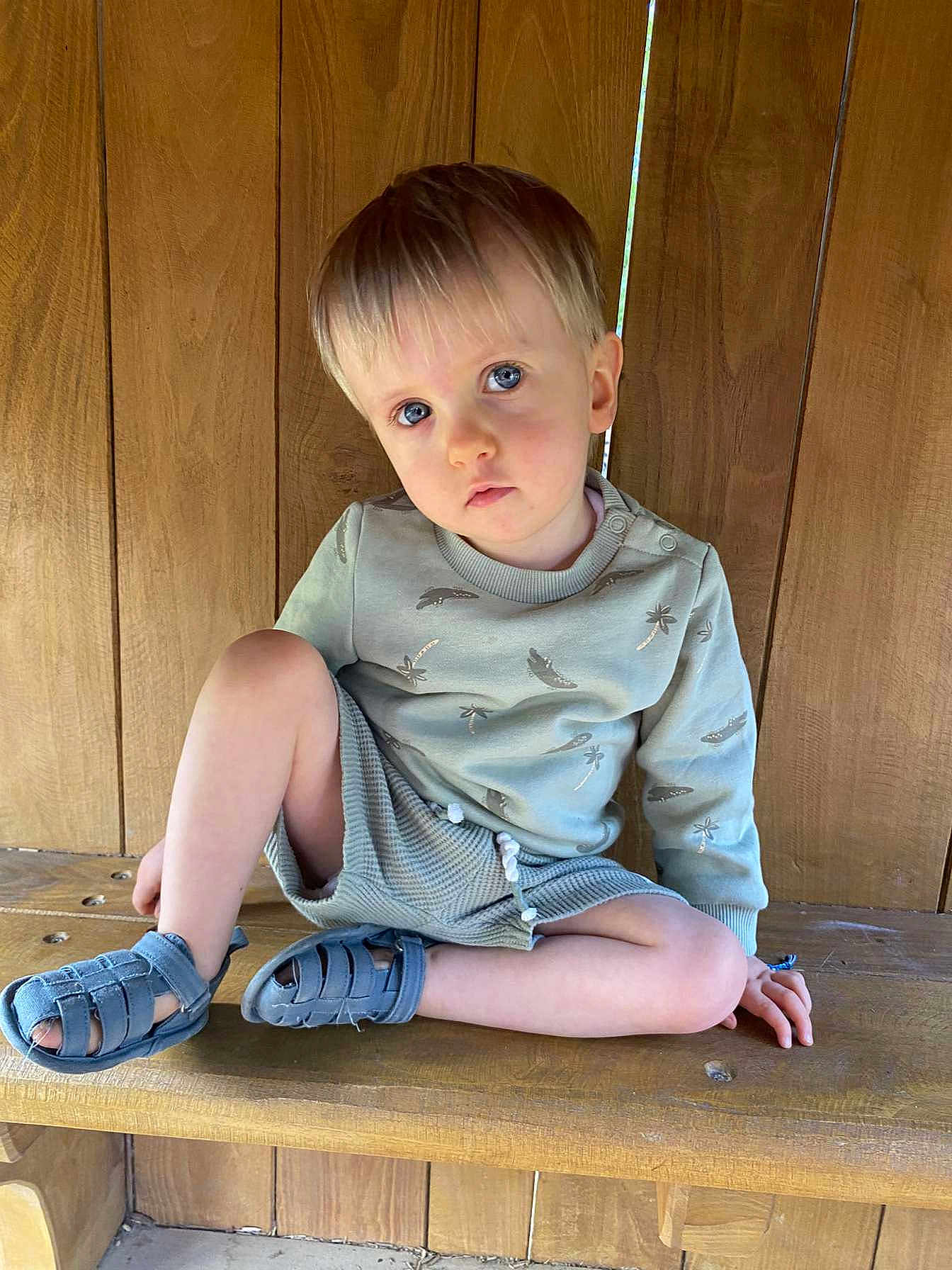 Elyott participe au concours pour gagner de l'argent avec cette photo : toddler, child, blue_eyes, sitting, wooden_bench, wooden_wall, casual_clothing, sweater, sandals, indoors, natural_light, portrait, cute, young_child, relaxed, bare_legs, hand_on_bench, serious_expression, short_hair, light_hair