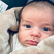 Noe joined the competition — help win amazing prizes! baby, blanket, face, infant, blue_eyes, close_up, cute, expression, fuzzy, head, indoors, infant_face, looking, newborn, person, portrait, soft_texture, wrapped, young, adorable