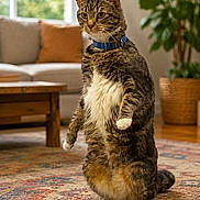 Egypt joined the competition — help win amazing prizes! cat, tabby, standing, indoor, living_room, carpet, sofa, cushion, plant, collar, pet, feline, curious, fur, whiskers, wooden_table, home, window, natural_light, paws