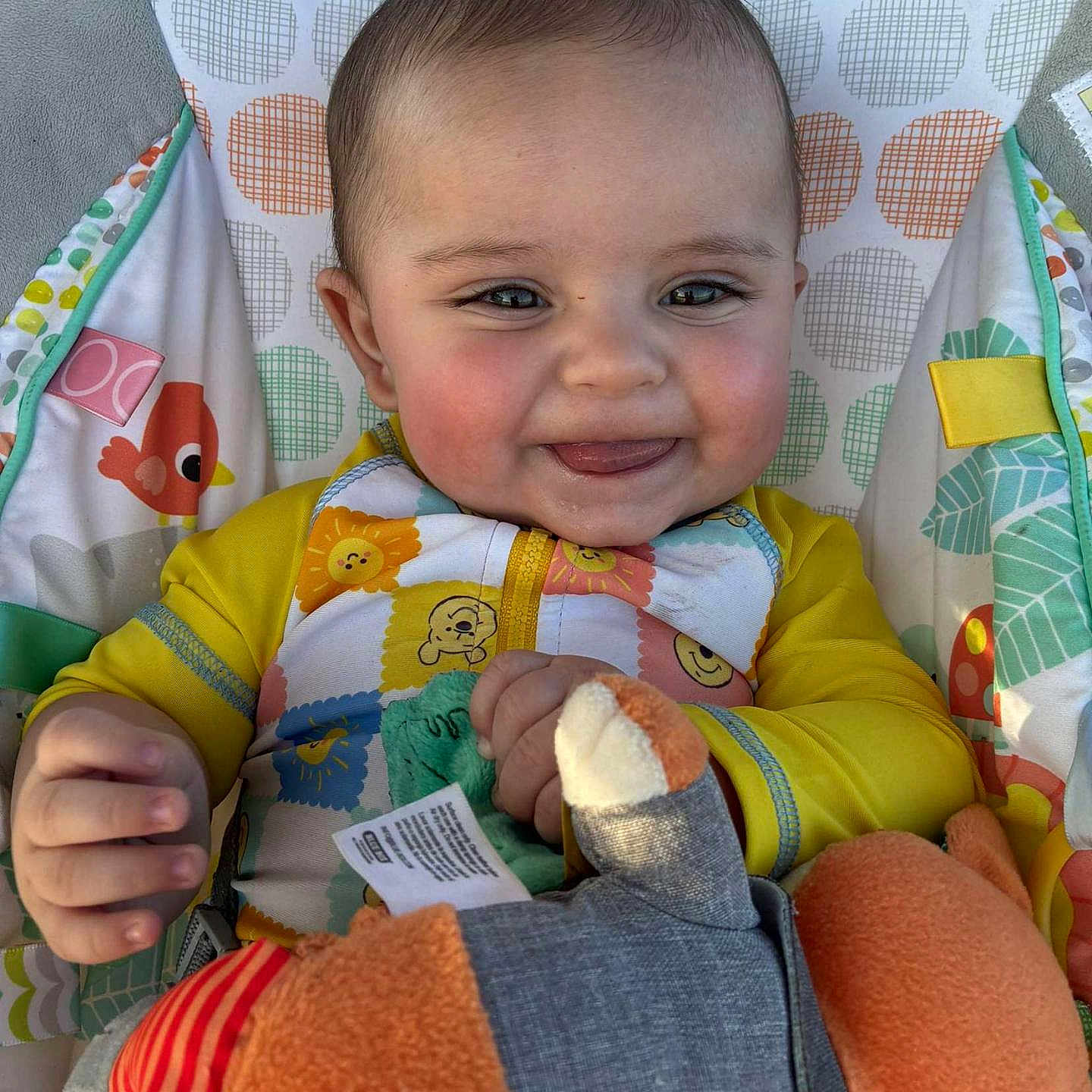 Monroe joined the competition — help win amazing prizes! baby, baby_seat, bright_colors, cheeks, child, closeup, colorful_clothing, cute, hands, happy, indoor, infant, patterned_fabric, playful, plush_toy, portrait, smiling, soft_toy, tongue_out, young_child