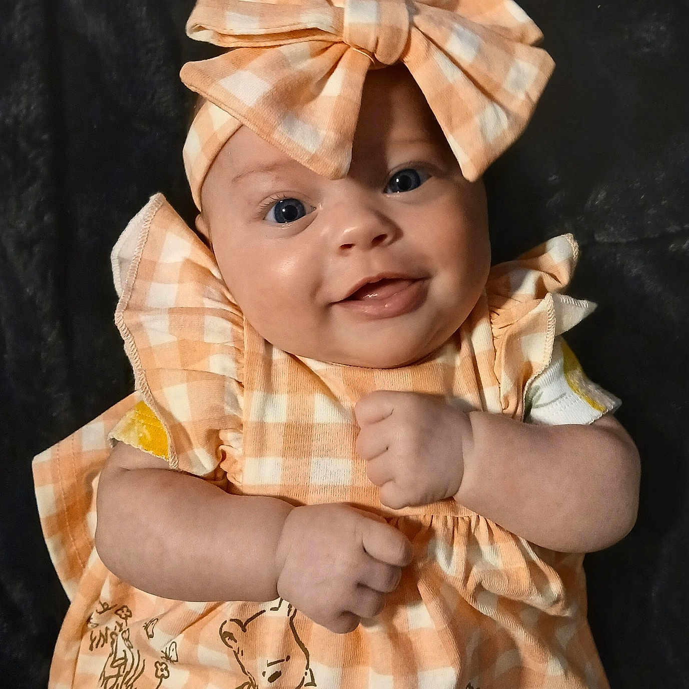 Journeymae joined the competition — help win amazing prizes! baby, infant, smiling, dress, bow, headwear, cheek, cute, child, happy, portrait, clothing, pattern, fabric, sleeve, skin, person, young, face, background