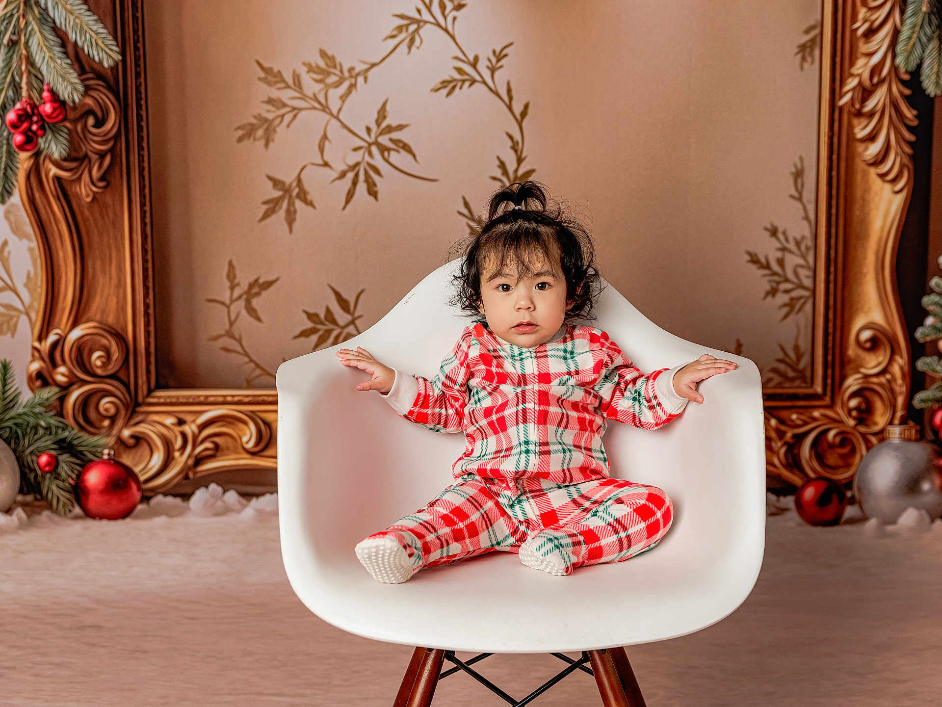 Sofia joined the competition — help win amazing prizes! child, toddler, baby, chair, white_chair, plaid_pajamas, pajamas, holiday, christmas, ornaments, decorative_frame, portrait, studio, indoor, cozy, face, hair, sitting, cute, expression