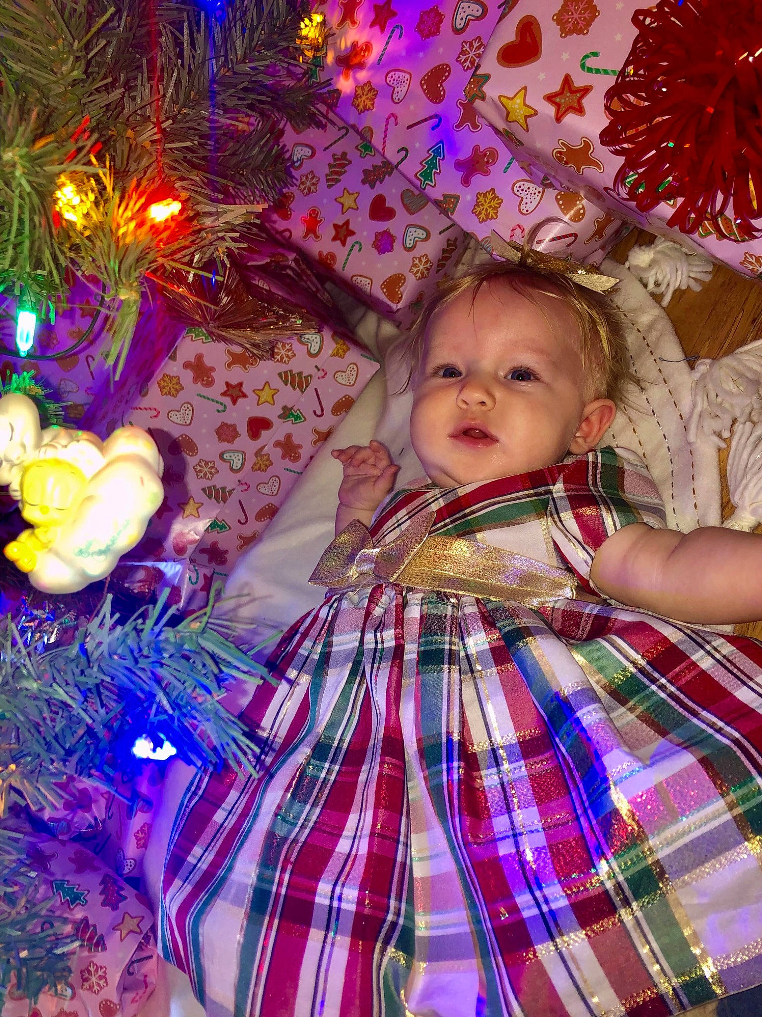 Beatrix is registered to the contest to win money with this photo: baby, baby_toddler_clothing, christmas, christmas_decoration, christmas_eve, christmas_ornament, christmas_tree, conifer, festival, holiday, holiday_ornament, interior_design, ornament, pattern, person, pine, pine_family, plaid, tartan, textile