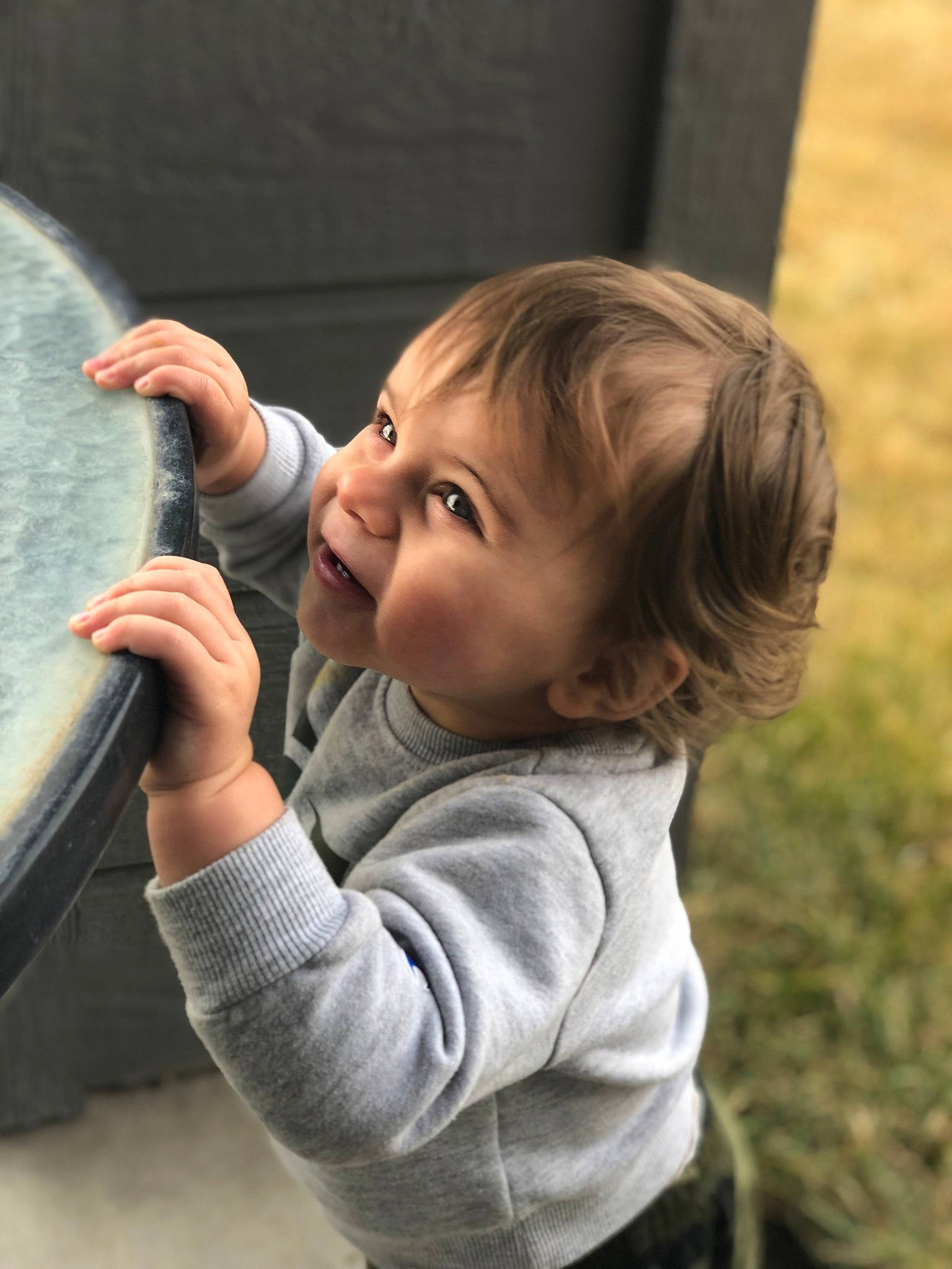 Kannon is registered to the contest to win money with this photo: cheek, chin, eye, face, finger, fun, gesture, grass, hand, happy, head, leisure, lip, nose, person, skin, smile, toddler, tree, window