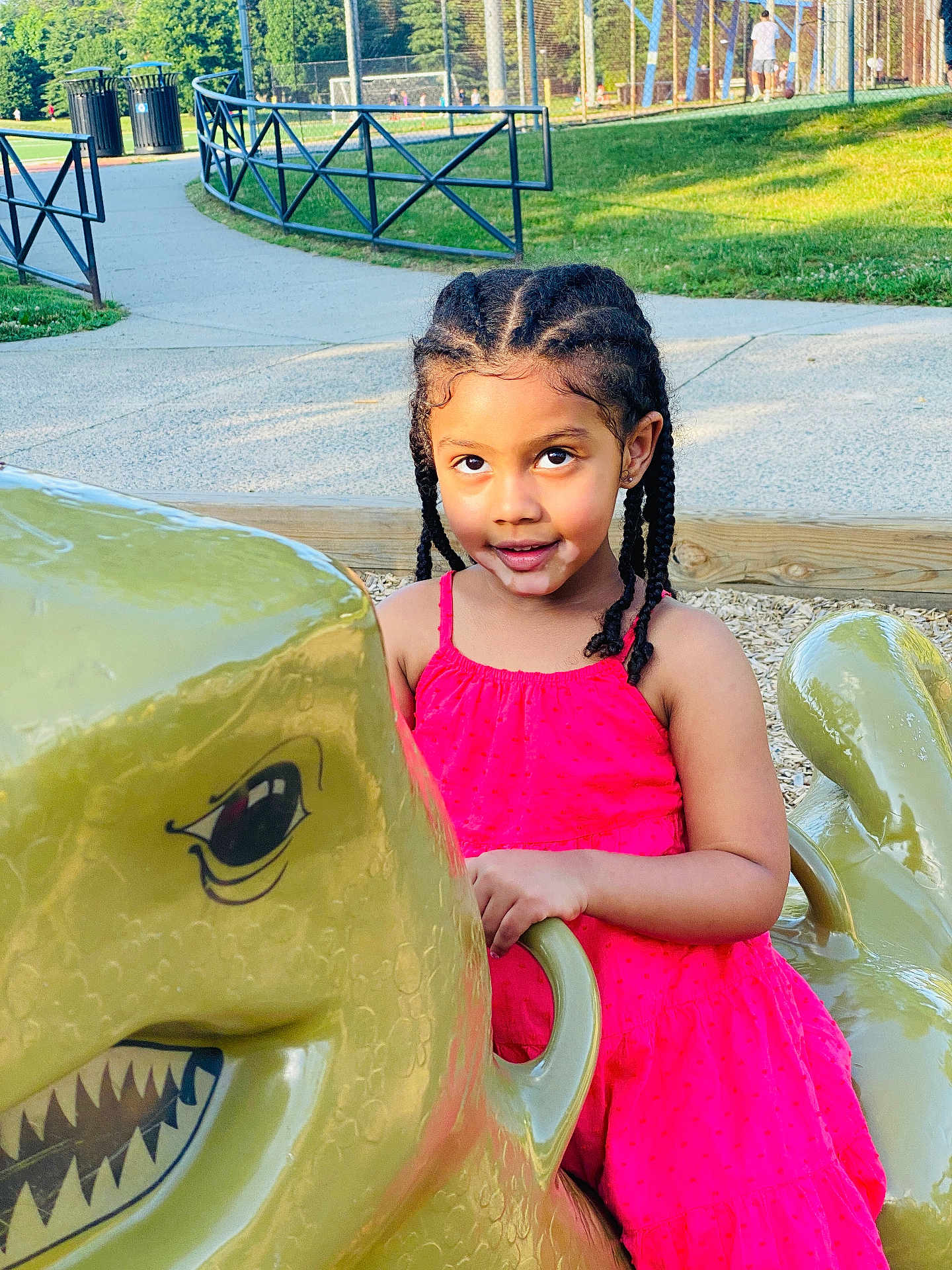 Eureka is registered to the contest to win money with this photo: child, girl, braided_hair, pink_dress, playground, dinosaur_ride, outdoor, daylight, park, play_equipment, smiling, happy, person, fence, sidewalk, grass, trees, sunlight, holding, recreation