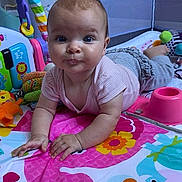 Talia joined the competition — help win amazing prizes! baby, infant, play_mat, toys, colorful, onesie, tummy_time, activity_center, plush_toy, mesh_side, floor, portrait, blue_eyes, chubby_cheeks, hands, crawling_pose, curious, indoor, playpen, rattle