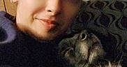 Reble is registered to the contest to win money with this photo: casual, closeup, clothing, companion, couch, cozy, cushion, dog, face, happy, head, indoor, patterned, person, portrait, relaxation, sleeping, snuggling, soft, warm
