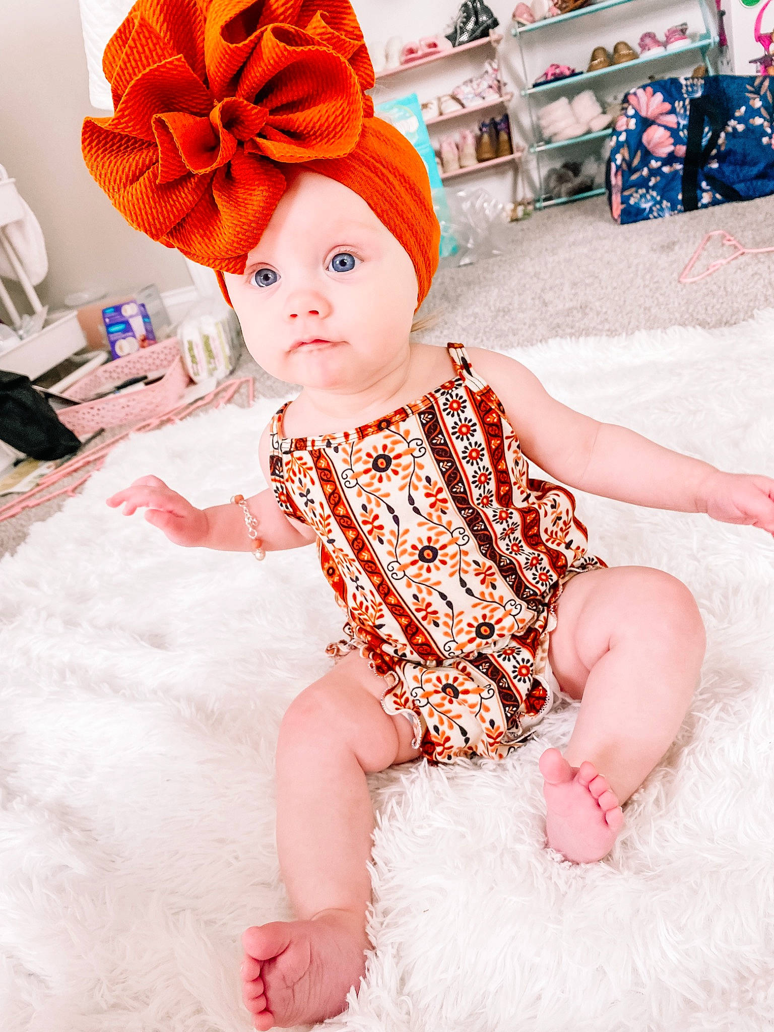 Elaina is registered to the contest to win money with this photo: baby, baby_toddler_clothing, cap, child, costume_hat, day_dress, embellishment, fun, happy, hat, headgear, magenta, pattern, peach, person, pink, skin, sleeve, textile, toddler