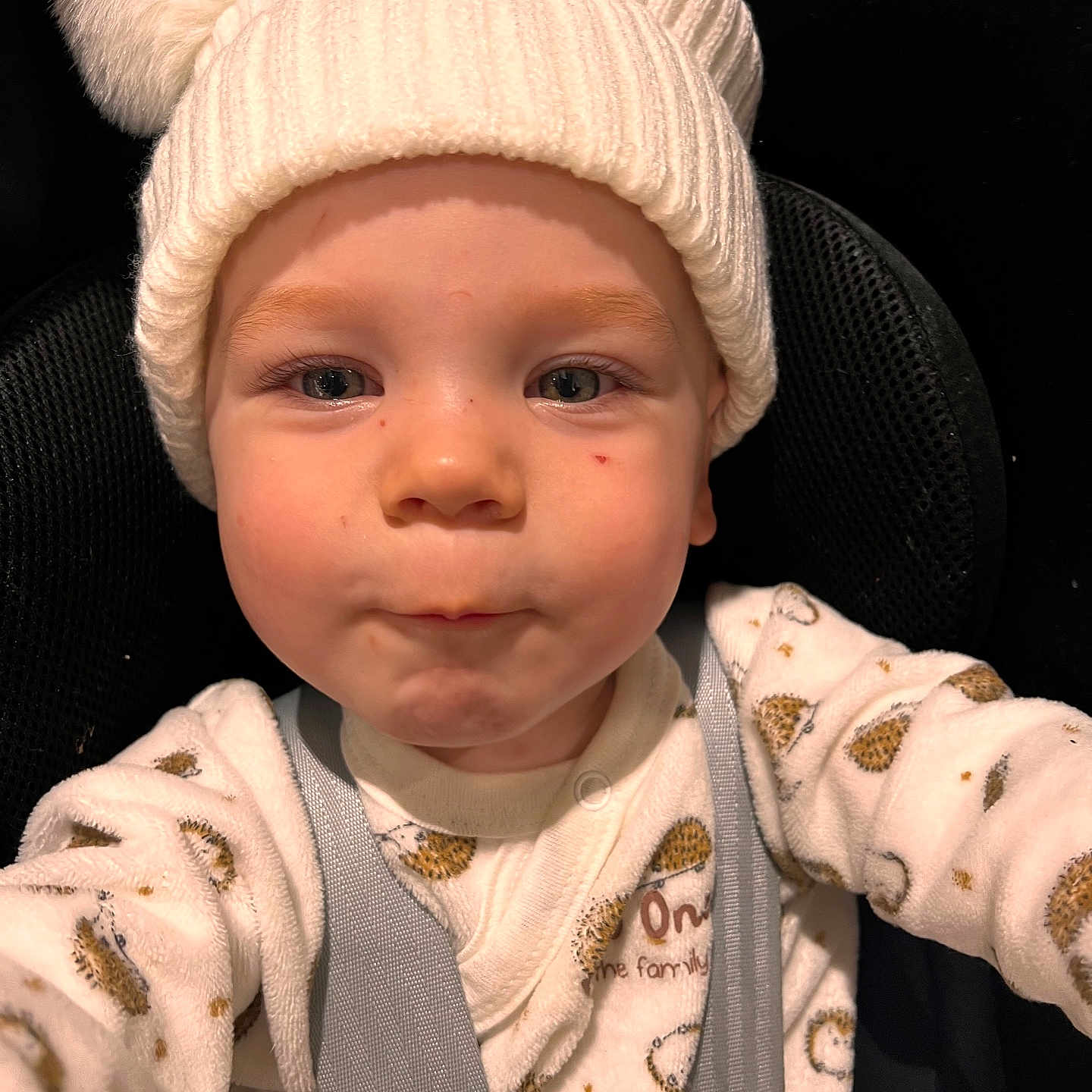 Oscar a rejoint le concours — aidez-le/la à gagner de superbes lots ! baby, car_seat, child, childhood, closeup, cute, expression, face, hat, indoor, infant, knit_hat, onesie, pom_poms, portrait, safety, seatbelt, toddler, warm_clothing, young
