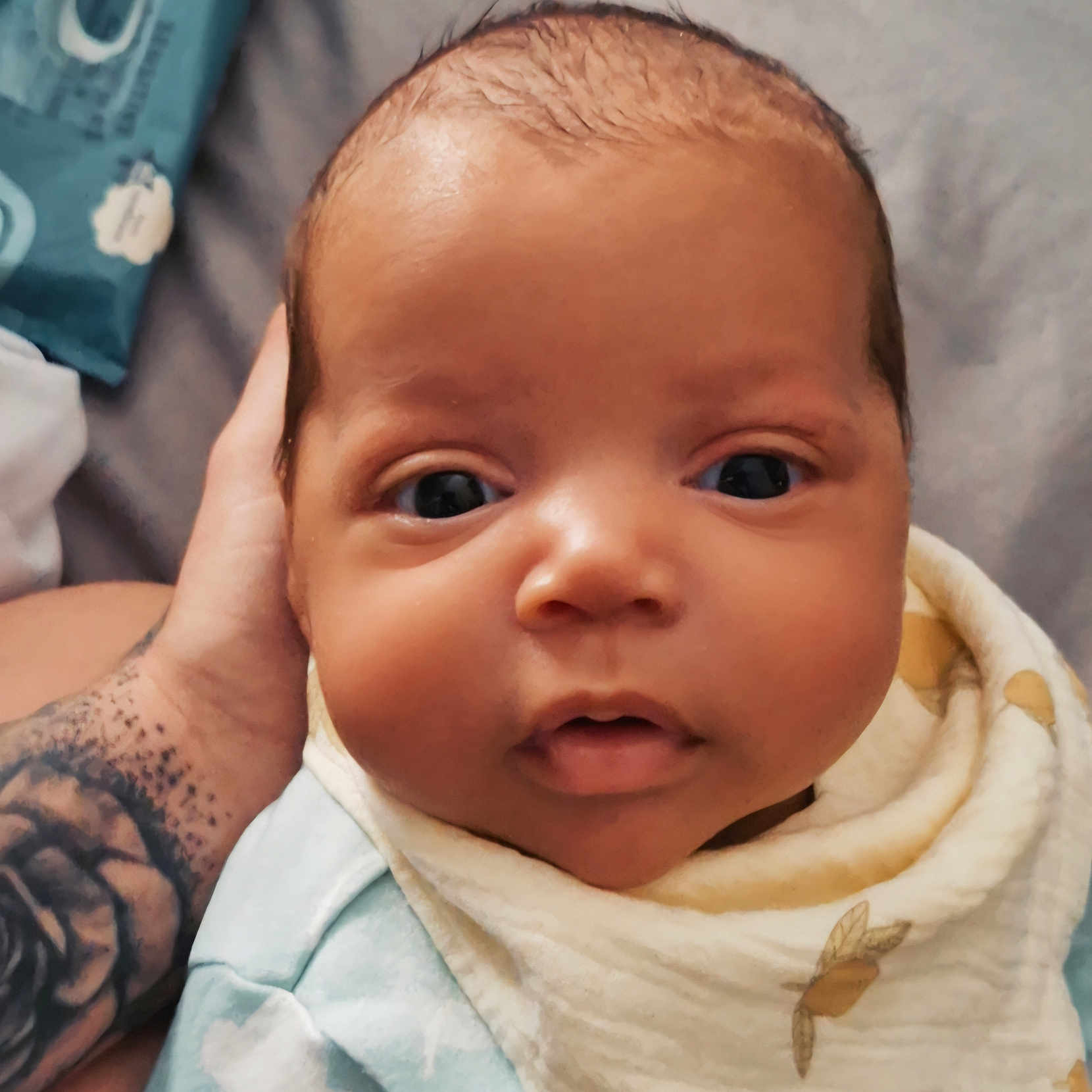 Tavontae is registered to the contest to win money with this photo: baby, bib, blue, child, close_up, clothing, cozy, cute, expression, eyes, face, hand, indoor, infant, newborn, person, portrait, skin, soft, tattoo
