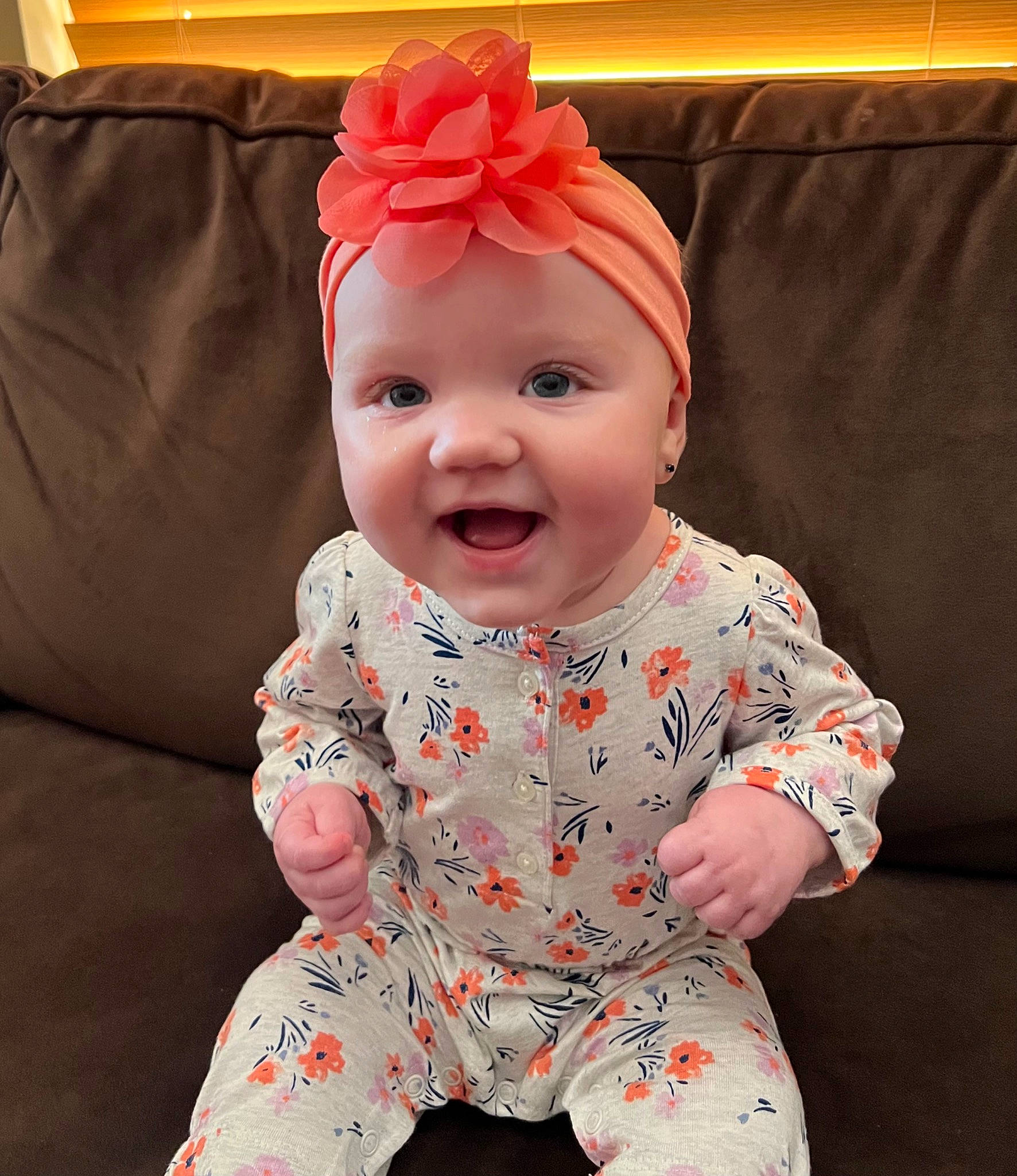 Natalie joined the competition — help win amazing prizes! arm, baby, baby_toddler_clothing, clothing, dress, eye, face, hairstyle, happy, head, headwear, human_body, lip, mouth, orange, outerwear, person, pink, skin, sleeve