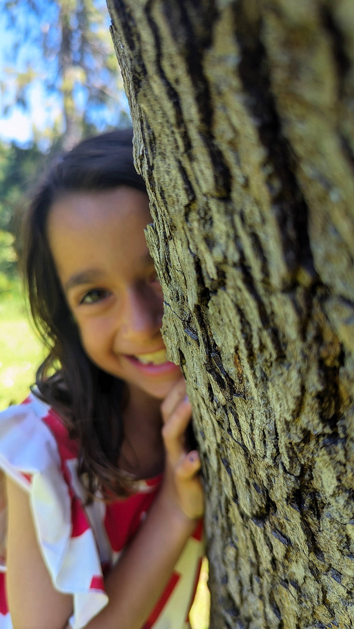Sérena a rejoint le concours — aidez-le/la à gagner de superbes lots ! black_hair, botany, branch, brown_hair, child, flash_photography, forest, grass, happy, joy, leisure, long_hair, nature, people_in_nature, person, plant, portrait_photography, sitting, smile, tree