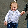 Tessa joined the competition — help win amazing prizes! boots, bow, casual, child, cute, fashion, feet, fun, happy, holding_hands, jeans, outdoor, pavement, person, playful, sibling, smiling, toddler, vest, walking